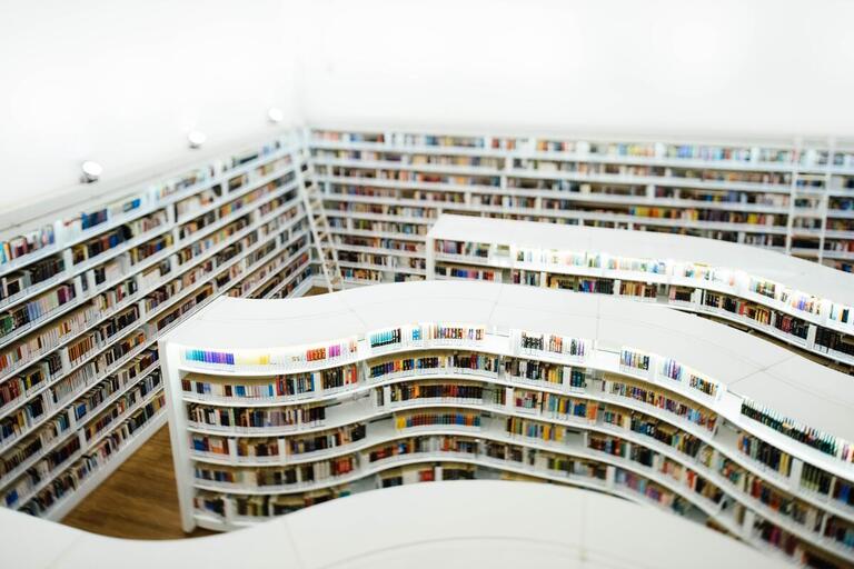 Aerial view of bookshelves in a library