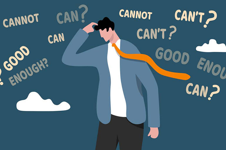 Illustration of man with negative thought bubbles