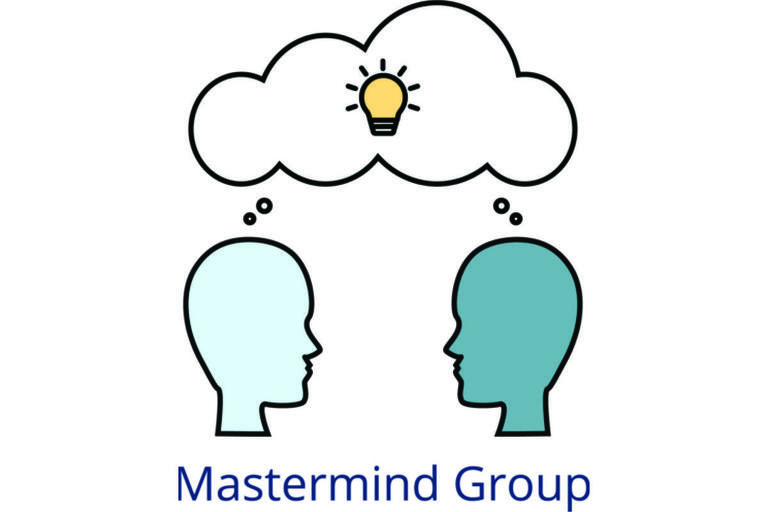 Icon of two heads facing each other with a shared thought bubble above them with a light bulb inside