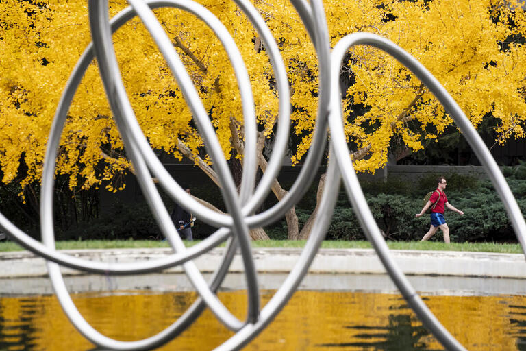 A metal sculpture in a shallow pool with bright yellow leaves in the background