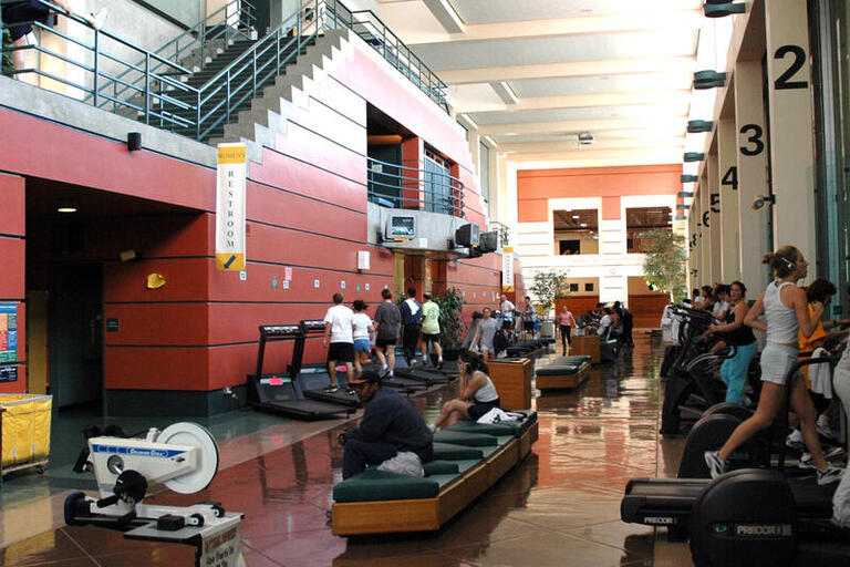 Looking down the main hallway of RSF, many fitness machines are visible
