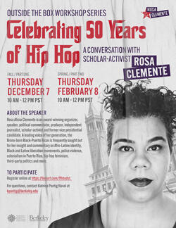 Outside the Box Workshop "Celebrating 50 Years of Hip Hop" featuring a stunning image of activist Rosa Clemente. 