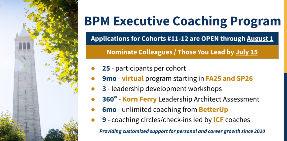 Apply for the BPM Exec Coaching 8/1. Opt noms due on 7/15. Virtual program including 360, group coaching, unlim 1:1 coaching