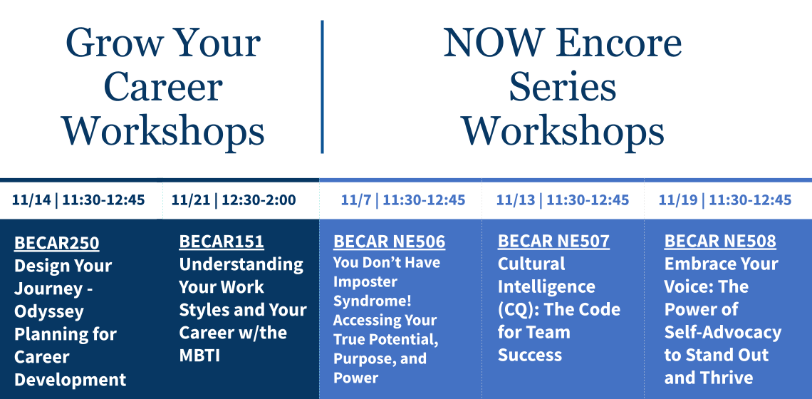 Grow Your Career and NOW Encore Series Workshops coming in the next month on Zoom