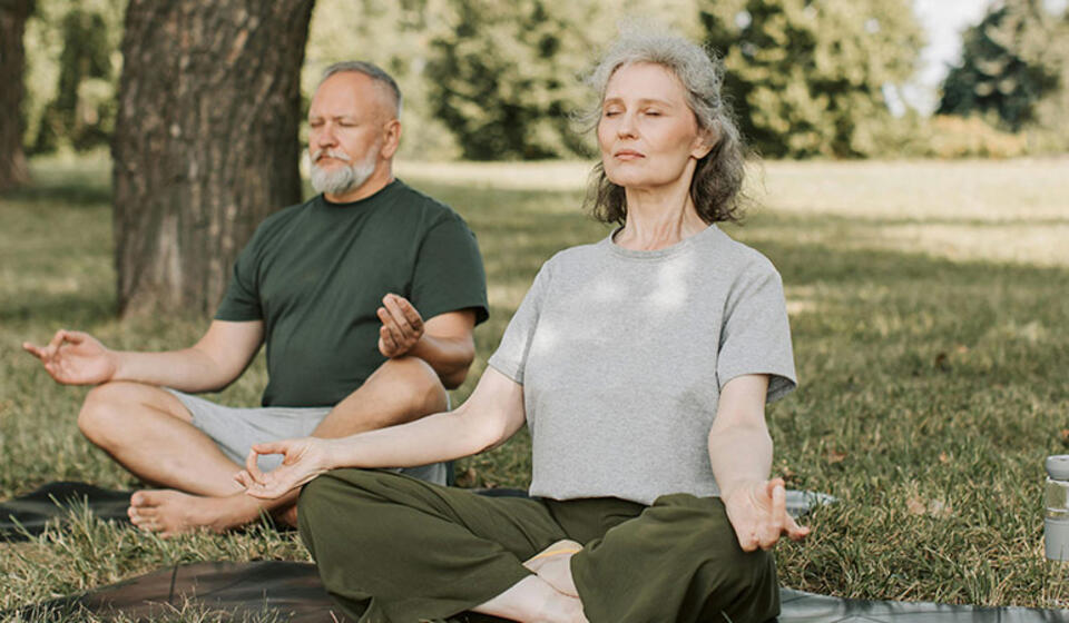 Two people sit cross-legged meditating outdoors on the grass under a tree.