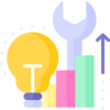 Icon of a lightbulb, wrench, and bar graph