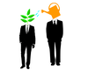 Two figures in suits, one has a plant instead of a head and one has a watering can for a head and is watering the other