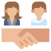 Illustration of two people above two hands shaking. 