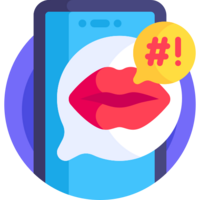 A phone screen with a speech bubble erupts with suggestive lips and naughty language.