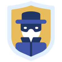 A shifty fellow with an eye mask, jaunty hat and coat with the collar upturned framed in the shape of a shield.  