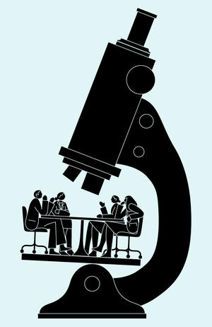 Illustration of people under a microscope. 