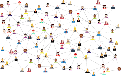 Illustration of many people all connected, like a web, with dotted lines.
